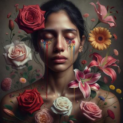 The primary subject of the image is a woman with a tear on her face, surrounded by a variety of flowers. The setting is a close-up of the woman's face, with the flowers in the background. The visual style is a combination of photo and digital art, creating a vibrant and emotional atmosphere. The colors are predominantly pink and red, with the tear adding a touch of sadness to the scene.